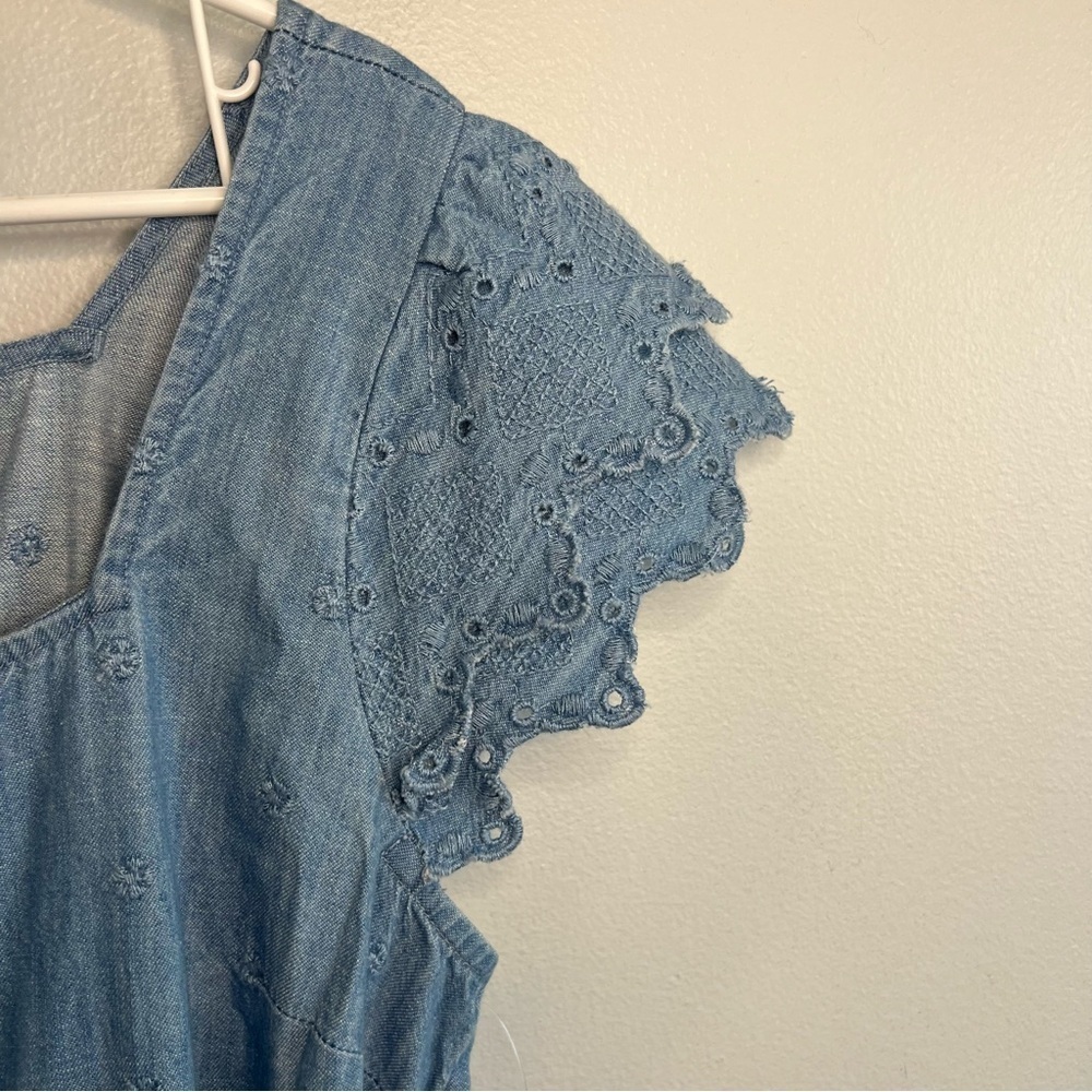 NWT Old Navy Denim Embroidered Mini Dress Cap Sleeve Square Neck Sz M Button Up - Picture 4 of 13